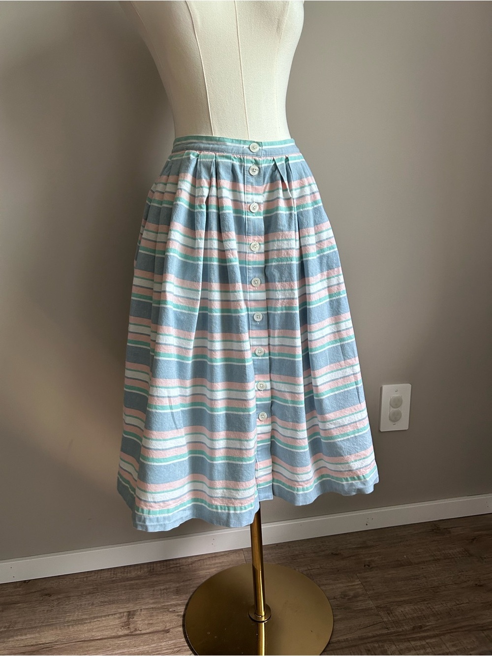 Brooks Brothers Pastel Blue & Pink Striped Button-Front midi Skirt linen cotton